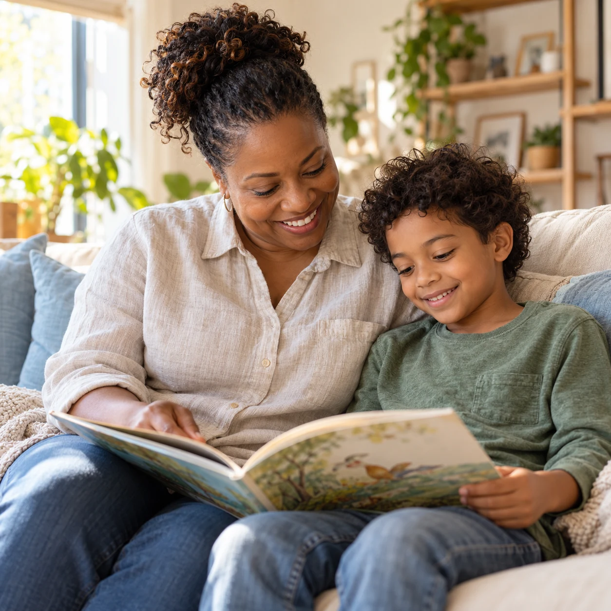 Illustrative scene of a caregiver and child enjoying a quiet moment with a book at home